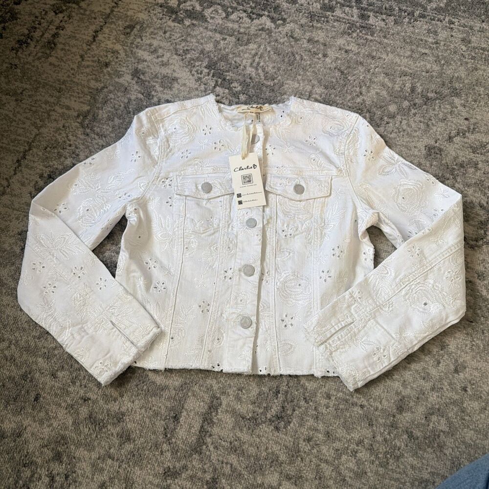 Charlie B Eyelet Stretch Denim Jacket - White M